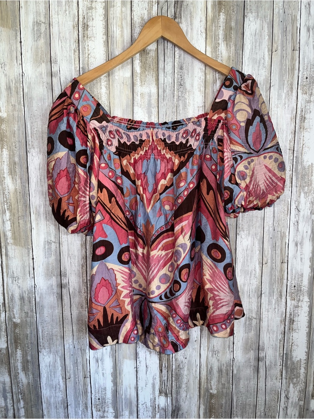 Umgee Boho Off Shoulder Blouse Medium Multicolor Abstract Floral Peasant Top - Picture 3 of 7